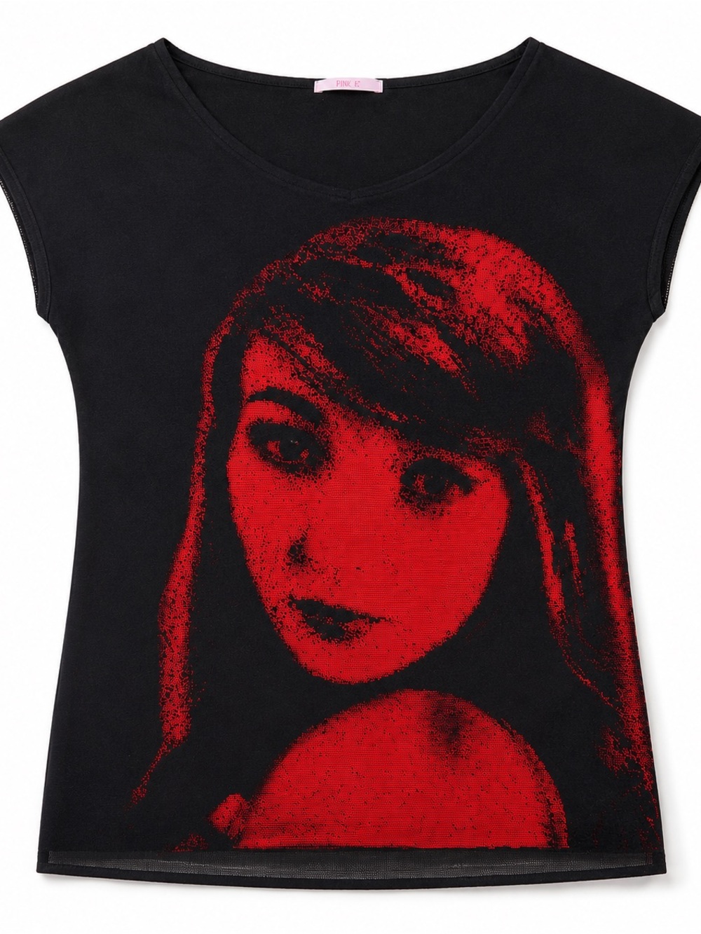 Graphic Face Print Black Tee with Red Pop Art